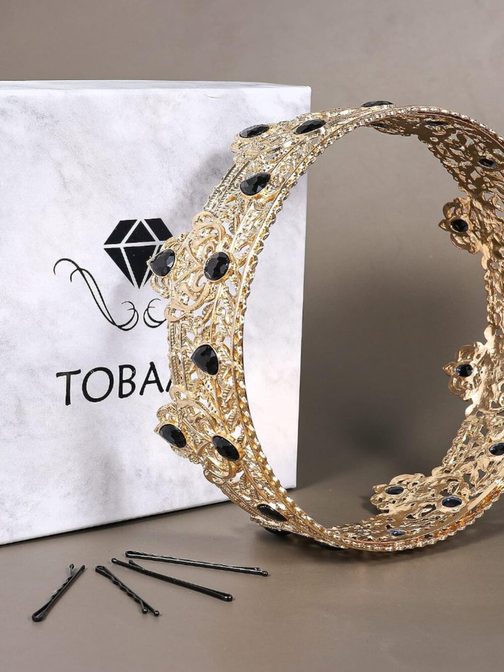 Gold King Crowns for Men, Royal Crown with Black Rhinestone, Birthday Crown for - Picture 7 of 7